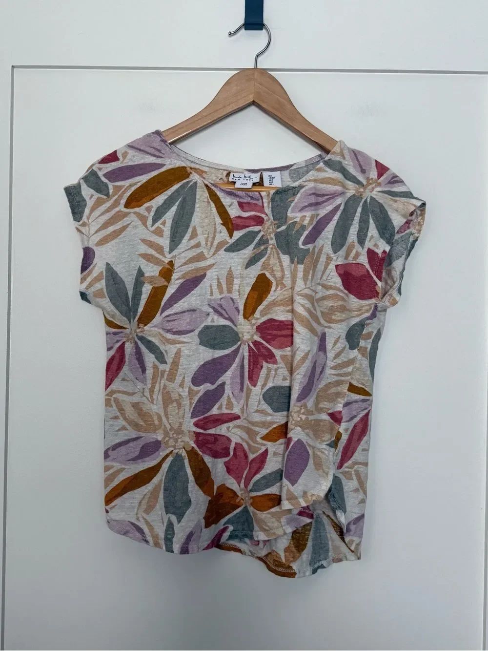 Nicole Miller Top Womens Sz L Floral Short Sleeve 100% Linen Beach Resort